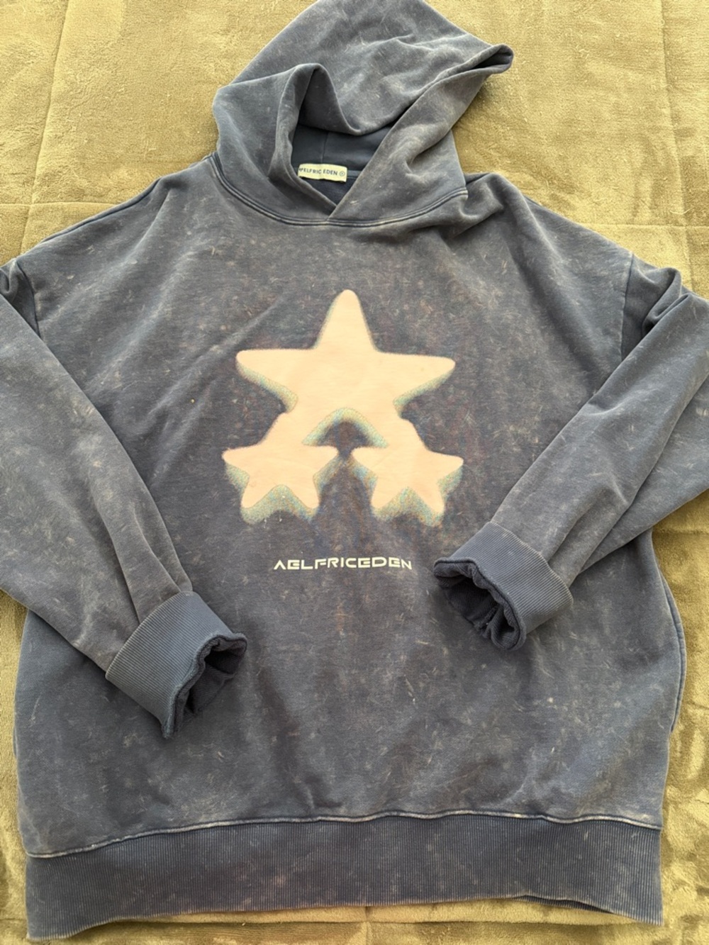 Aelfric Eden Distressed Navy Blue Hoodie with Pale Peach Star Graphic